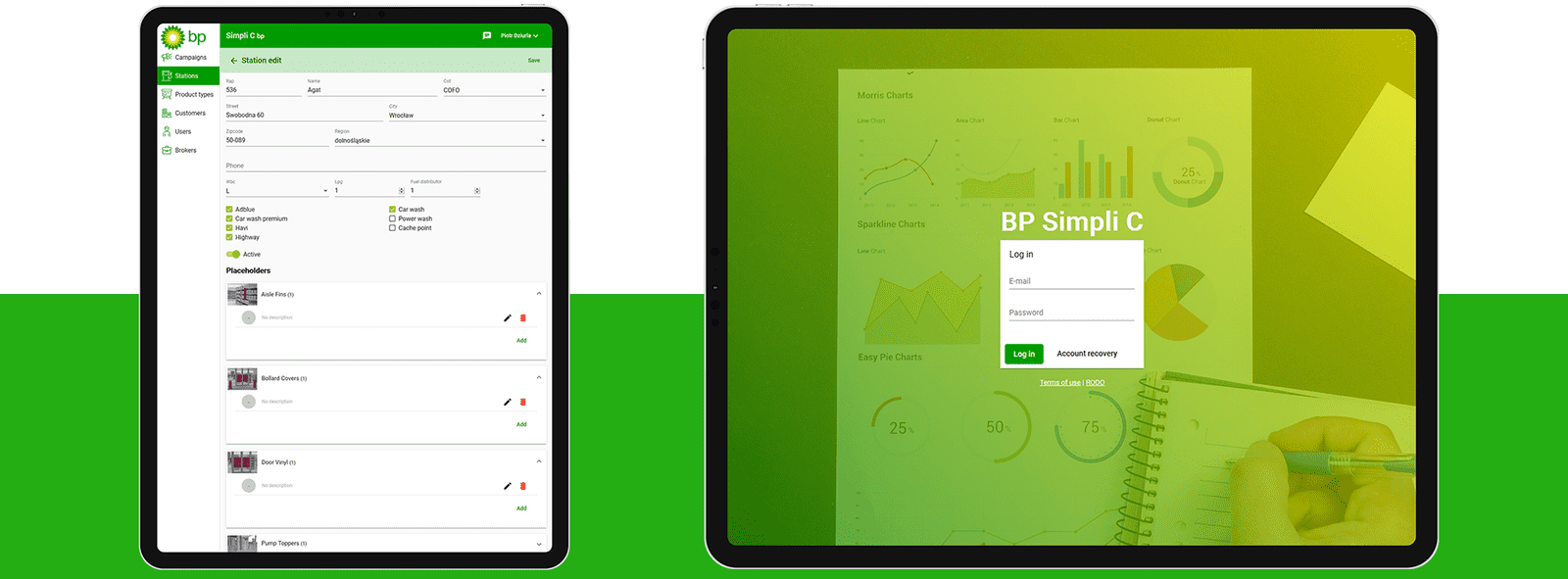 Widoki aplikacji BP, wyświetlone na iPadach