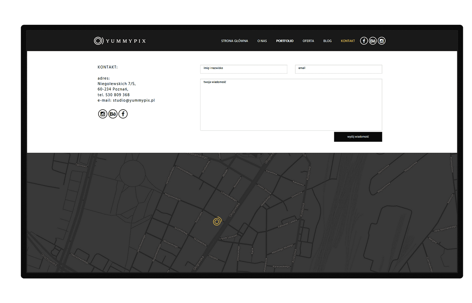 Aplinet dla Yummypix widok formularza kontaktowego i interaktywnej mapy