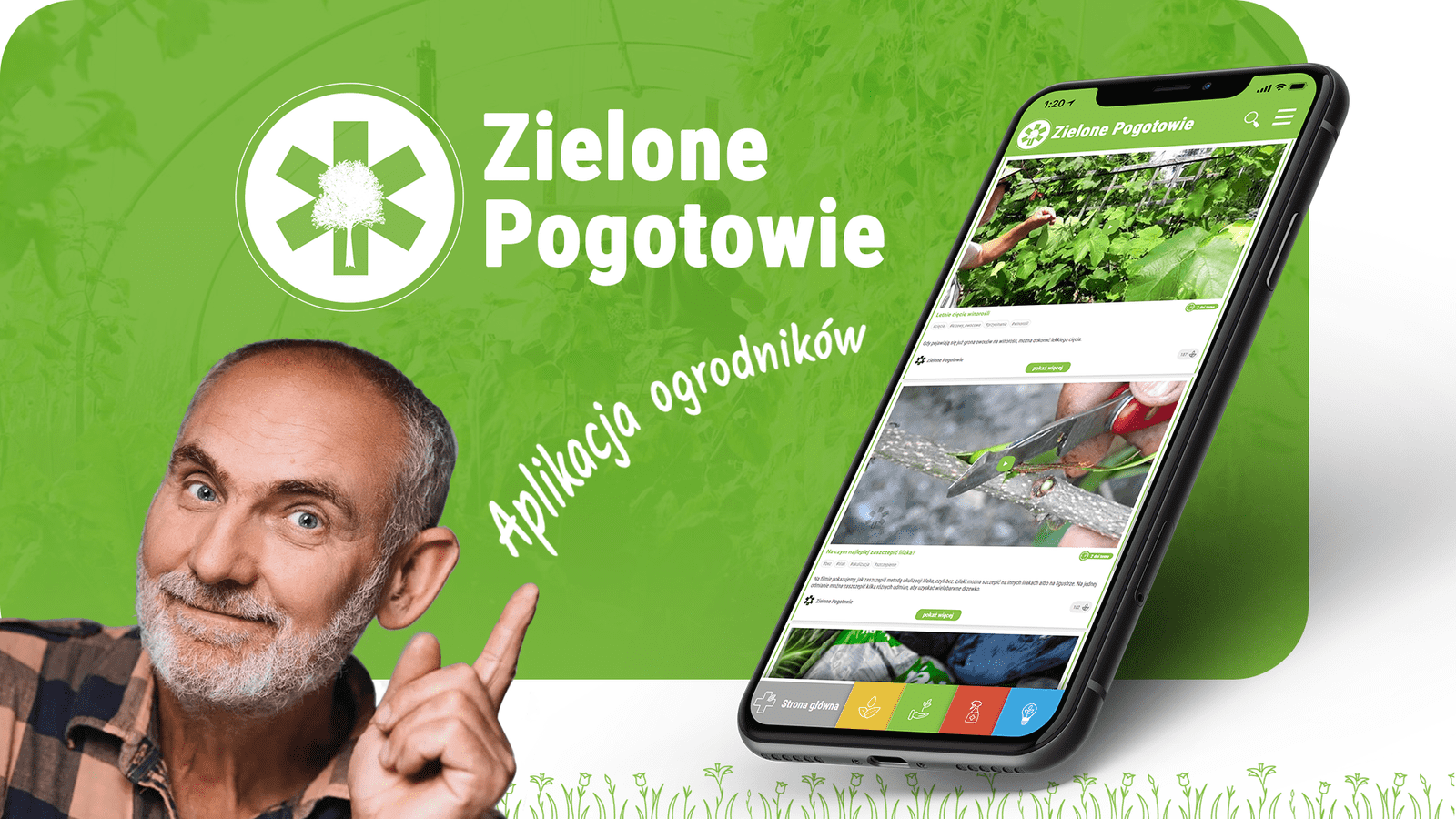 Pan Grzegoż z Zielonego Pogotowia reklamuje aplikację przygotowaną przez firmę Aplinet